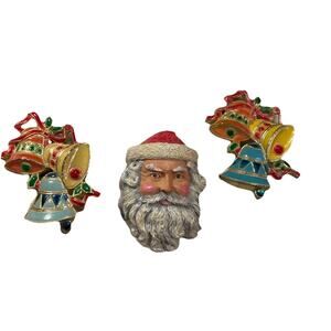 Trio Of Christmas Pins 2 Bells Brooch Vintage Hong Kong Molded Plastic, Santa